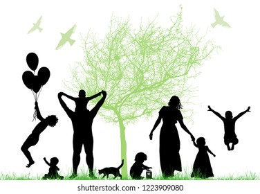 Family silhouettes and tree. Vector