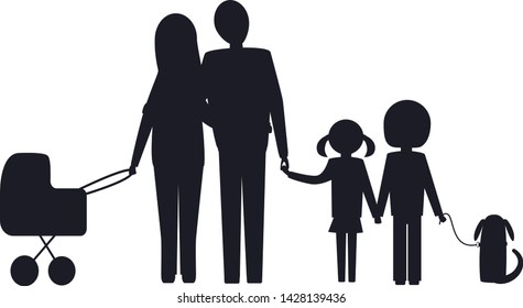 Family. Silhouettes vector isolated icons men, women children boy and girl and strollers with baby and dog on transparent background.