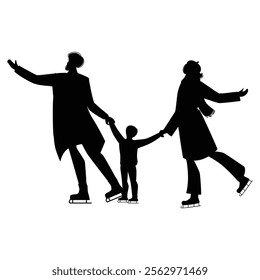 Family Silhouettes Winter Outdoor Sport Activities and Fun