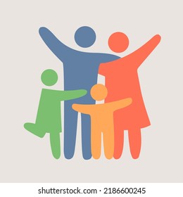 Family simple silhouettes. Happy family icon multicolored in simple figures. Children, dad and mom stand together. Parents and children. Vector can be used as logotype.