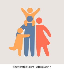 Family simple silhouettes. Happy family icon multicolored in simple figures. Children, dad and mom stand together. Parents and children. Vector can be used as logotype.