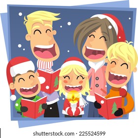 Family singing Christmas carol vector cartoon illustration