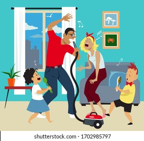 Family singing together playing karaoke in their house with appliances,  EPS 8 vector illustration