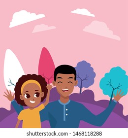 Family single dad and children cartoons at nature park vector illustration graphic design