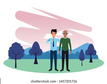Family single father with adult son cartoon in nature outdoors park scenery vector illustration graphic design.