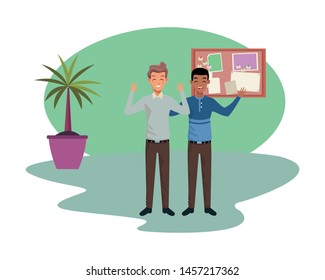 Family single father with adult son cartoon inside office with plant pot and corkboard vector illustration graphic design.