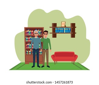 Family single father with adult son cartoon vector illustration graphic design inside home living room with sofa and library scenery ,vector illustration graphic design.