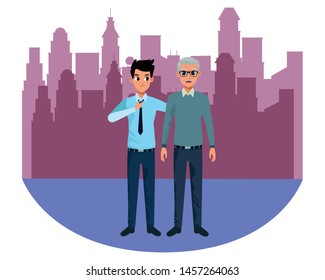 Family single father with adult son cartoon vector illustration graphic design in the city urban scenery background ,vector illustration graphic design.