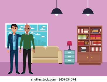 Family single father with adult son cartoon vector illustration graphic design inside home living room with sofa and library scenery ,vector illustration graphic design.