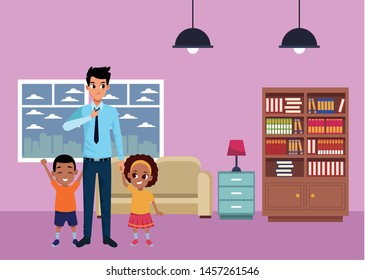 Family single father with afro boy and girl cartoon inside home living room with sofa and library scenery ,vector illustration graphic design.