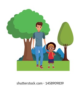 Family single father with afro daughter cartoon outdoors nature park with landscape background vector illustration graphic design