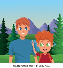 Family single father with children with backpack cartoon in the nature landscape background ,vector illustration.