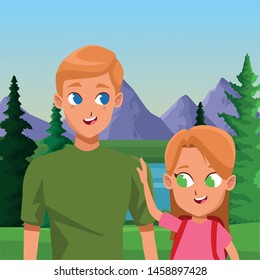 Family single father with children with backpack cartoon in the nature landscape background ,vector illustration.