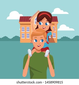 Family single father with children with backpack cartoon at school building ,vector illustration.
