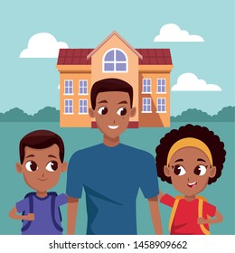 Family single father with children cartoon at school building ,vector illustration.