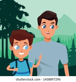 Family single father with children holding backpack cartoon in the nature landscape background ,vector illustration.