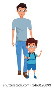 Family single father with children holding backpack cartoon isolated vector illustration graphic design