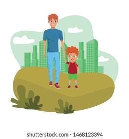 Family single father with children with school backpack cartoon in the city park with cityscape background vector illustration graphic design
