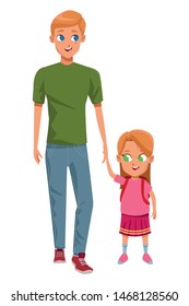 Family single father with children with school backpack cartoon isolated vector illustration graphic design