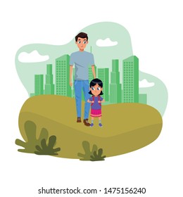 Family single father with children with school backpack cartoon in the city park with cityscape background vector illustration graphic design