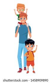 Family single father with childrens with backpacks cartoon isolated vector illustration graphic design