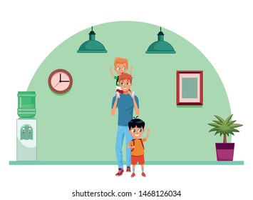 Family single father with childrens with backpacks cartoon inside home with furniture background vector illustration graphic design