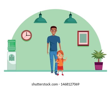 Family single father with daughter holding backpackcartoon inside home with furniture background vector illustration graphic design