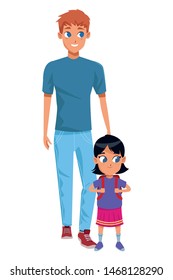 Family single father with daughter holding backpack cartoon isolated vector illustration graphic design