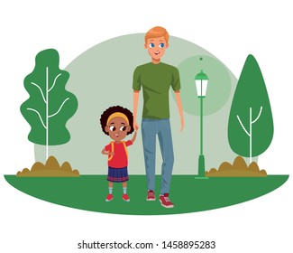 Family single father with kid holding school backpack in the nature park scenery ,vector illustration.