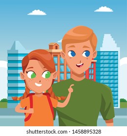 Family single father with kid holding school backpack in the city park scenery ,vector illustration.