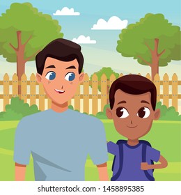 Family single father with kid holding school backpack in house garden scenery ,vector illustration.
