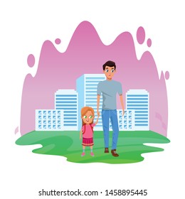 Family single father with kid holding school backpack in the city park scenery background vector illustration graphic design