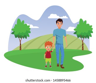 Family single father with kid holding school backpack in nature park scenery background vector illustration graphic design