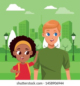 Family single father with kid holding school backpack in the city park scenery ,vector illustration.