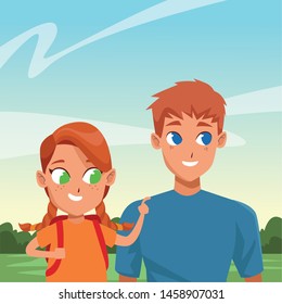 Family single father with kid holding school backpack in the nature park scenery ,vector illustration.