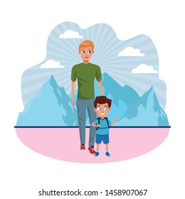 Family single father with kid holding school backpack in the nature park scenery ,vector illustration.