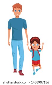 Family single father with kid holding school backpack vector illustration graphic design
