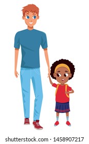 Family single father with kid holding school backpack isolated vector illustration graphic design