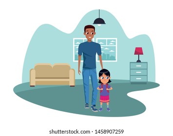 Family single father with kid holding school backpack inside home living room with furniture vector illustration graphic design