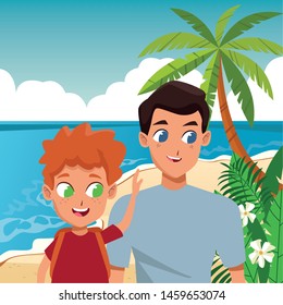 Family single father with kid holding school backpack in the beach, summer scenery background ,vector illustration.