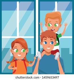 Family single father with kid holding school backpack inside building with windows background ,vector illustration.