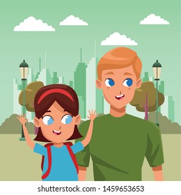 Family single father with kid holding school backpack in the city park scenery background ,vector illustration.