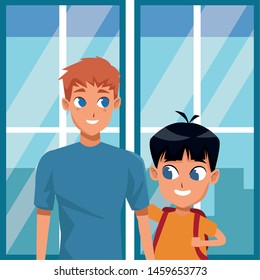 Family single father with kid holding school backpack inside building with windows background ,vector illustration.