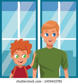 Family single father with kid holding school backpack inside building with windows background ,vector illustration.