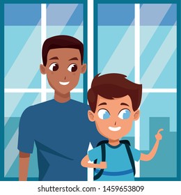 Family single father with kid holding school backpack inside building with windows background ,vector illustration.