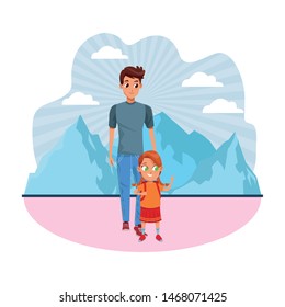 Family single father with kid holding school backpack in the nature park scenery ,vector illustration.