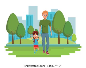 Family single father with kid holding school backpack in the city park scenery background vector illustration graphic design
