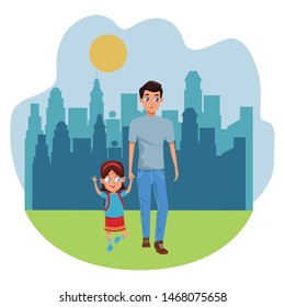 Family single father with kid holding school backpack in the city park scenery ,vector illustration.
