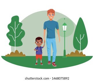 Family single father with kid holding school backpack in the nature park scenery ,vector illustration.