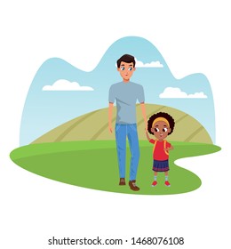 Family single father with kid holding school backpack in the nature park scenery ,vector illustration.